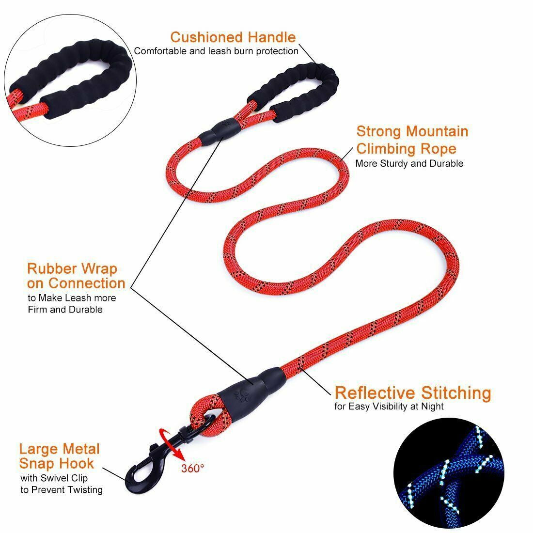 Extra Strong Reflective Rope Dog Lead with Foam Padded Handle Leash 5Ft 150Cm