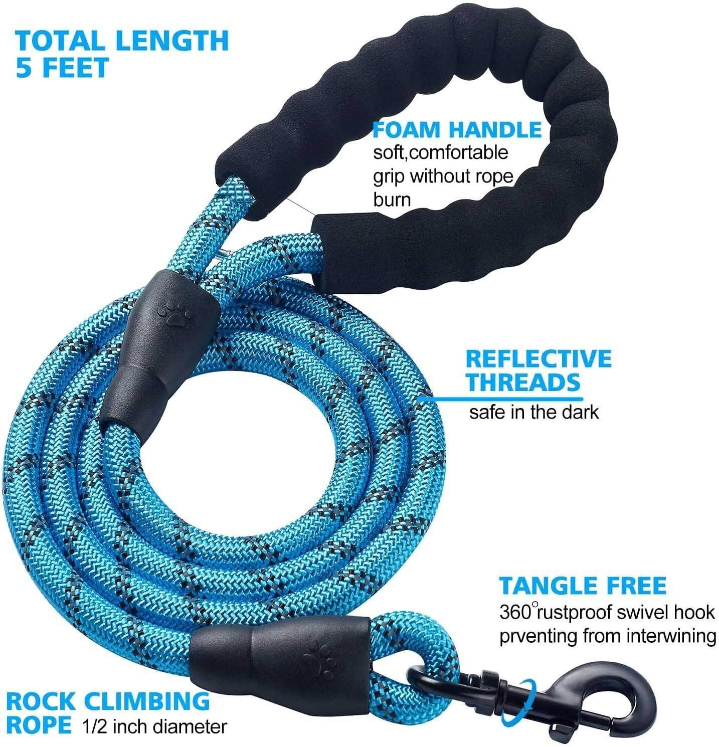 Extra Strong Reflective Rope Dog Lead with Foam Padded Handle Leash 5Ft 150Cm